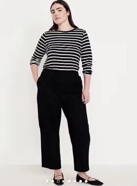 Old Navy Black Cotton High Rise Elastic Waist Barrel Leg Cropped Pant Size Large